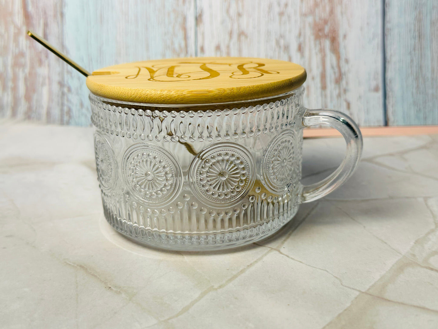 Glass mug with spoon custom