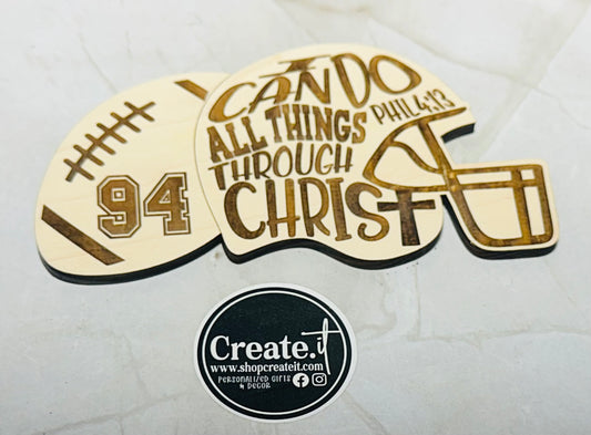 I can do all things helmet and ball wood sign