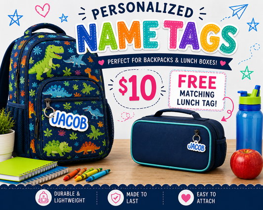 Personalized 3D Printed Backpack Name Tag | Free Matching Lunch Box Tag | Custom Kids School Bag Tag