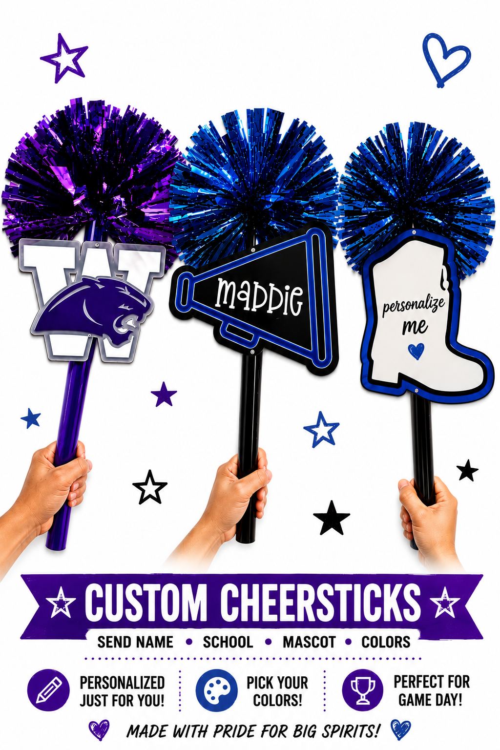 Custom 3D Printed Cheer Sticks | Personalized School Spirit & Game Day Pom Sticks