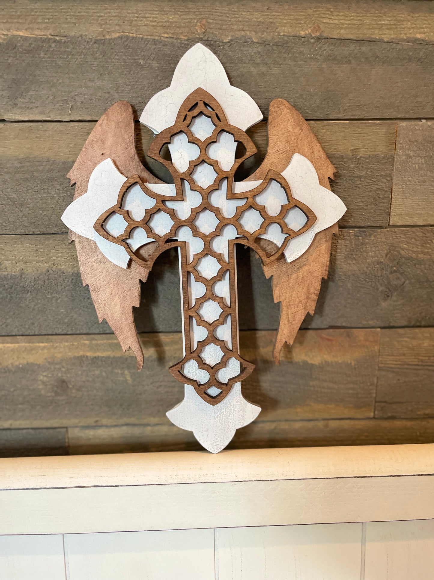 3D layered Cross with wings (wood stain)