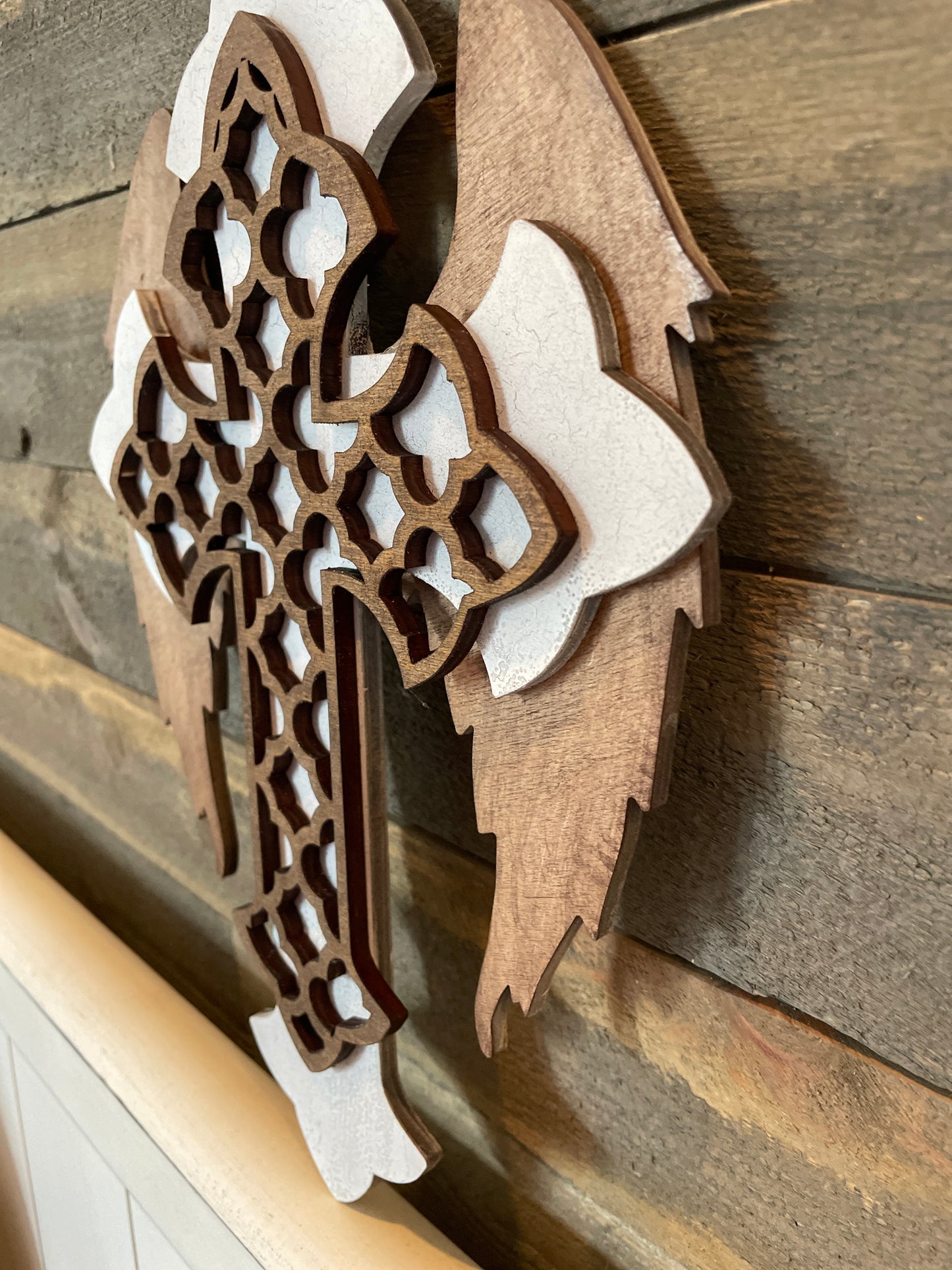 3D layered Cross with wings (wood stain)