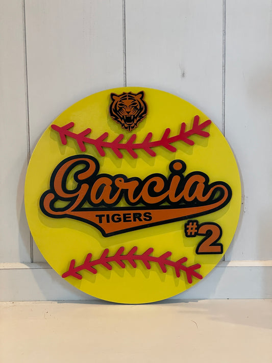 Softball round wood sign