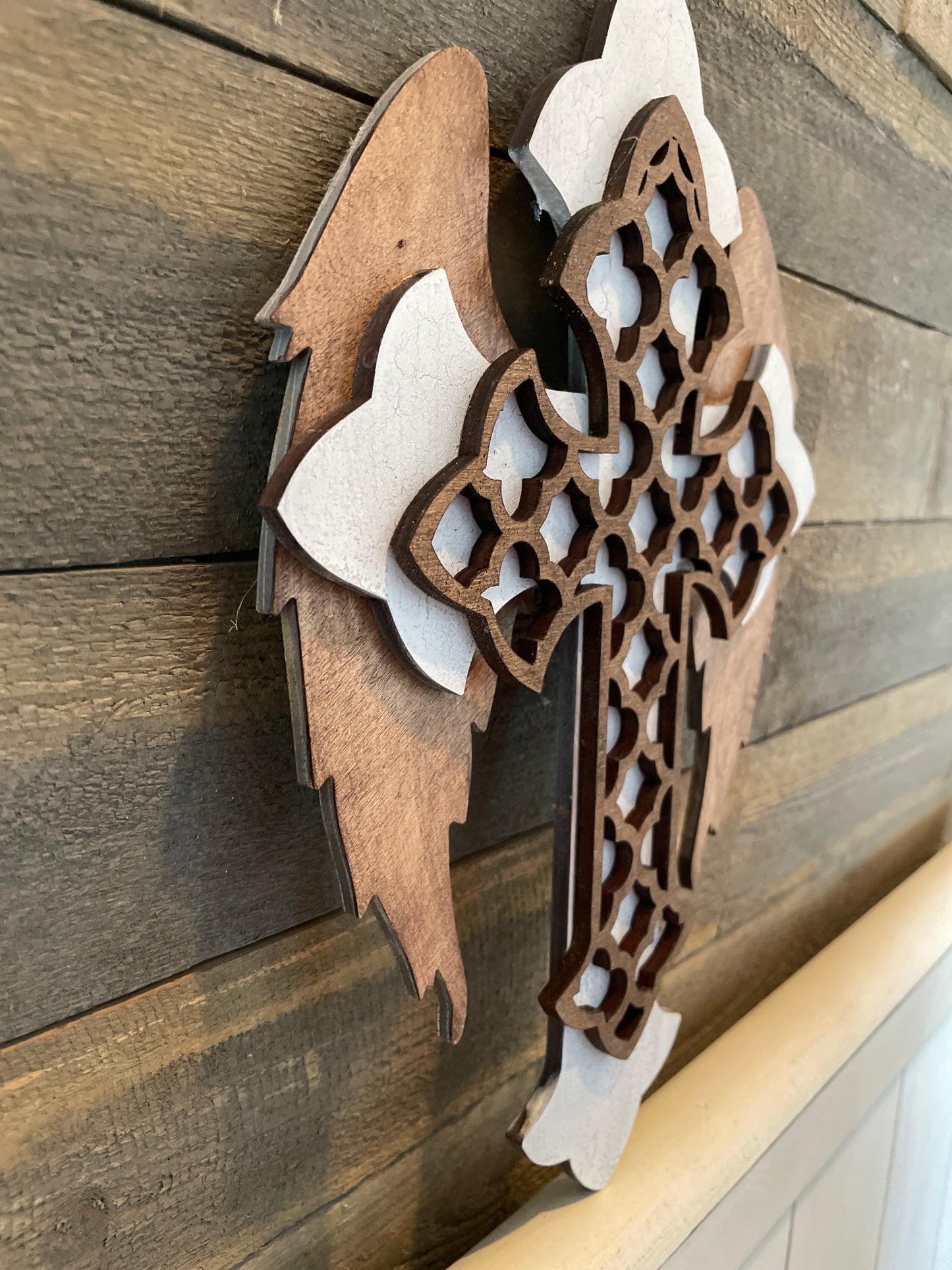 3D layered Cross with wings (wood stain)