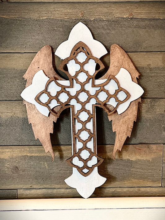 3D layered Cross with wings (wood stain)
